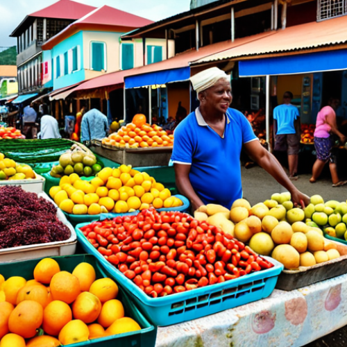 Home 11 A vibrant marketplace in Kingstown, St. Vincent, bustling with locals selling colorful fruits, vegetables, and spices. Capture the energy of daily life.