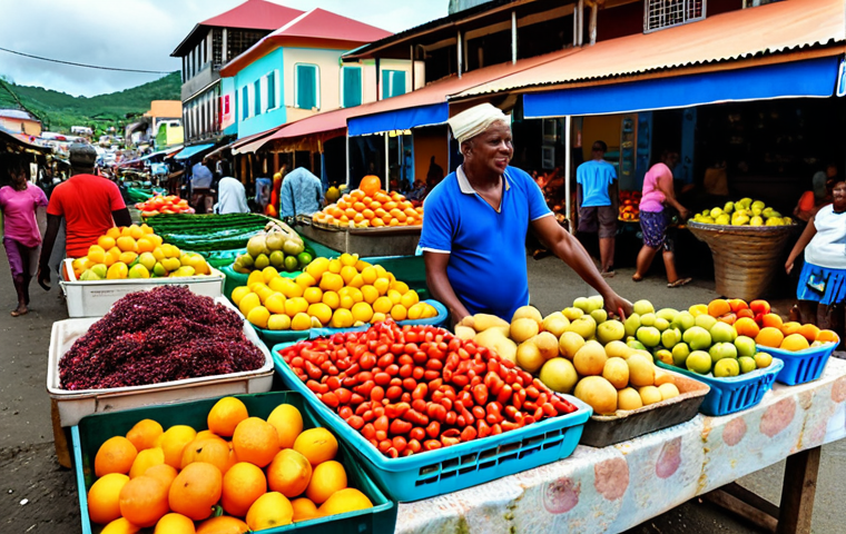 A vibrant marketplace in Kingstown, St. Vincent, bustling with locals selling colorful fruits, vegetables, and spices. Capture the energy of daily life.